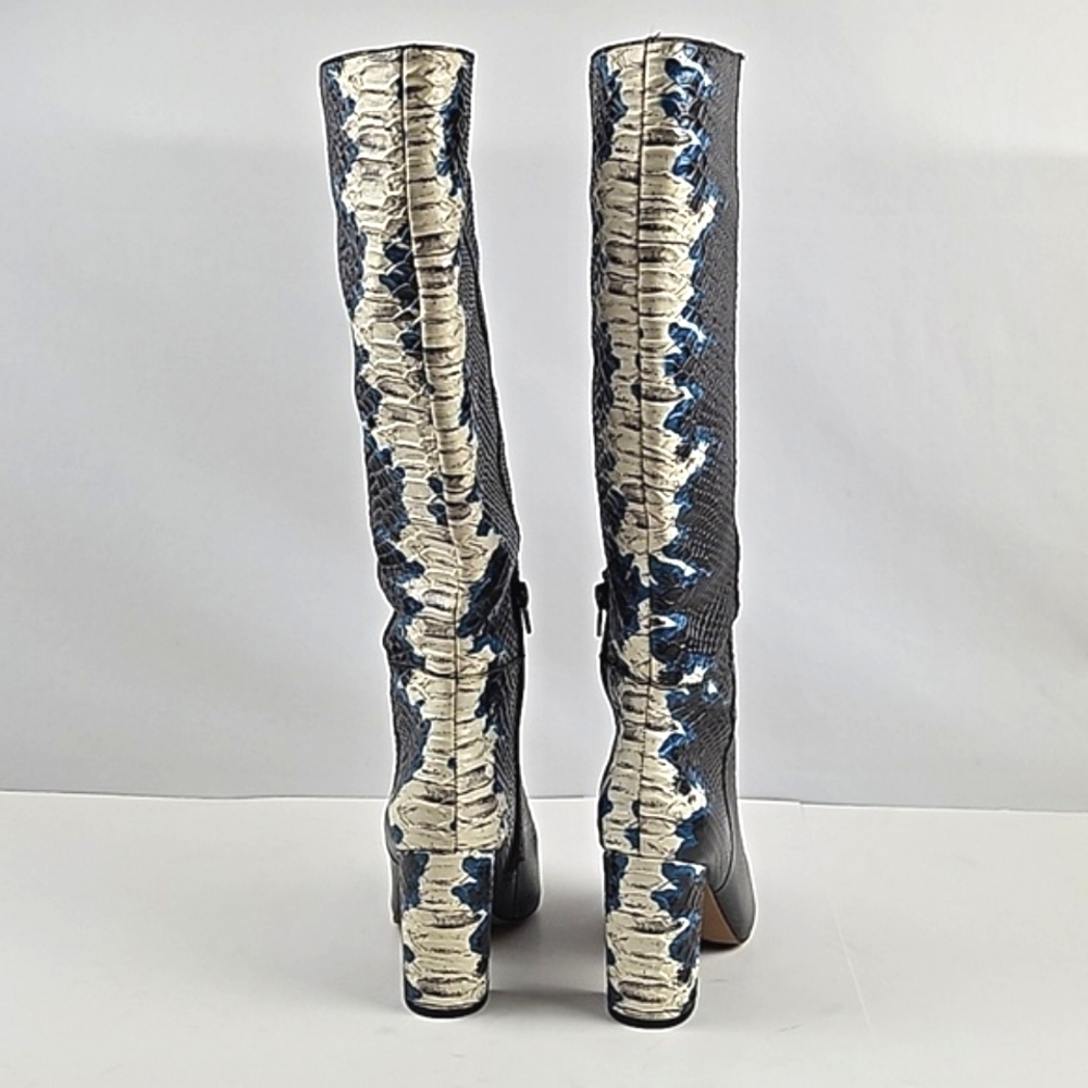 Gianni Bini Kellbie Leather Snakeskin Texture Black Cream Blue Heeled Tall Boot - Picture 7 of 16